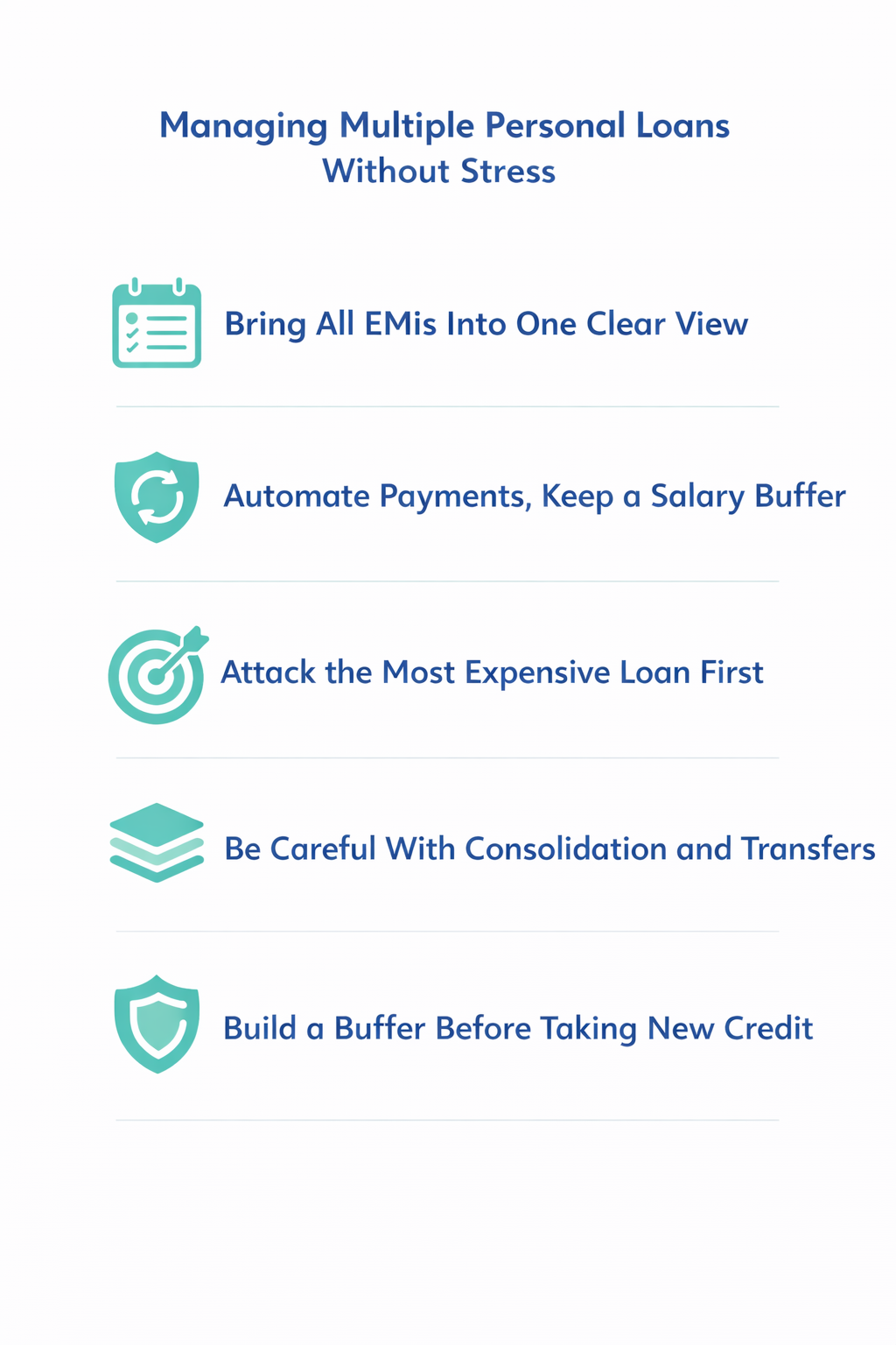 Infographic showing tips to manage multiple personal loans without stress, including EMI tracking, automated payments, prioritising high-interest loans, careful consolidation, and building an emergency buffer.