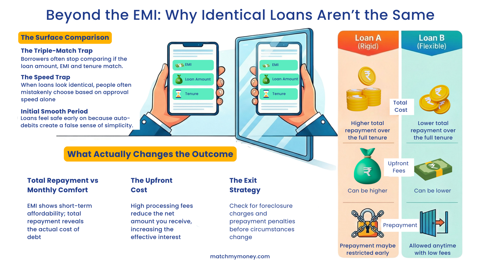 Infographic comparing personal loans that look identical on EMI and tenure but differ in total repayment, fees, and prepayment flexibility.