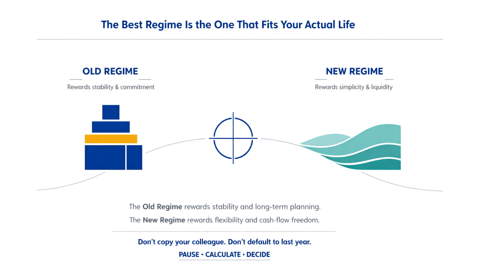 Visual comparison of the old and new tax regimes, showing the old regime rewarding stability and long-term commitments, and the new regime rewarding simplicity and monthly liquidity, emphasizing that the right choice depends on personal financial structure.