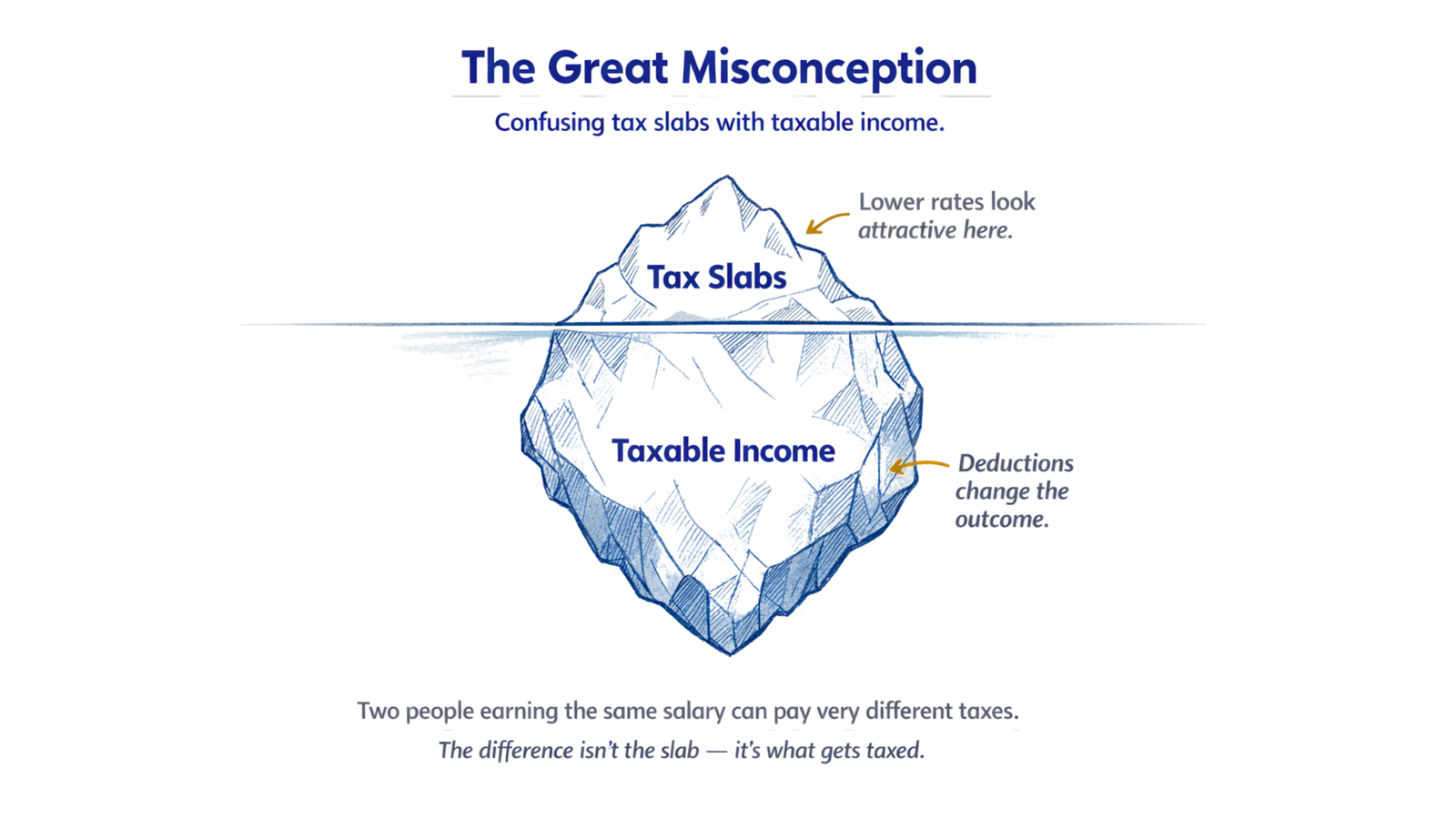 Iceberg illustration showing tax slabs above the surface and taxable income below it, highlighting how deductions change the final tax outcome.