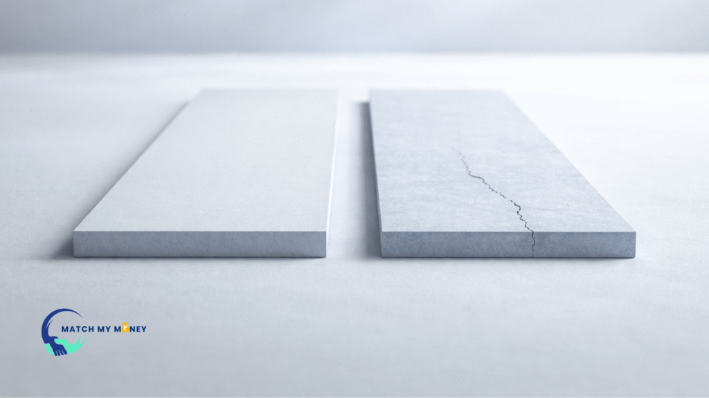 Two identical surfaces placed side by side, with one showing a subtle crack, representing how similar-looking personal loans can differ over time.