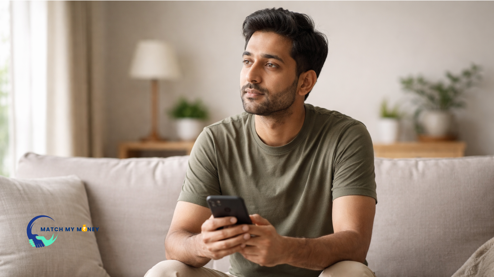Indian man sitting on a sofa at home, holding a smartphone and looking thoughtful, representing everyday financial decisions and monthly budgeting.