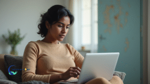 Indian woman sitting at home using a laptop with a focused expression, representing a calm moment of reviewing financial options.