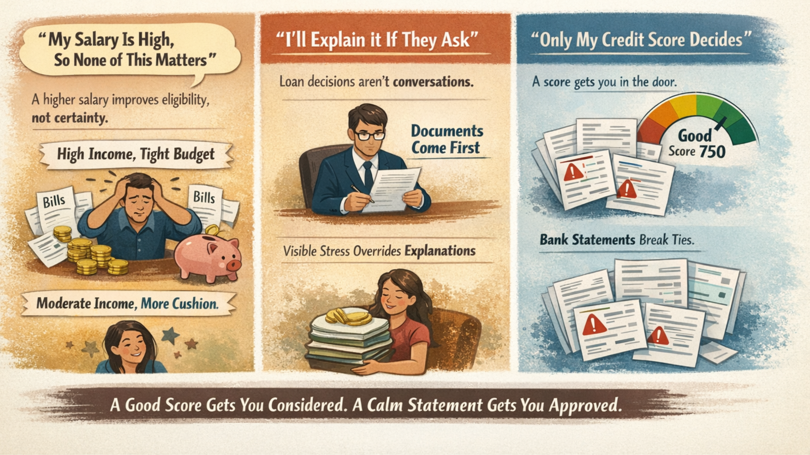 Minimal editorial-style infographic titled “Common Myths That Hurt Otherwise Good Profiles,” explaining three loan approval myths: that high salary guarantees approval, that applicants can explain issues later, and that only credit score matters. The visual shows a professional with money stacks, an underwriter reviewing documents, and a credit score gauge, emphasizing that calm cash flow and clean bank statements matter most.