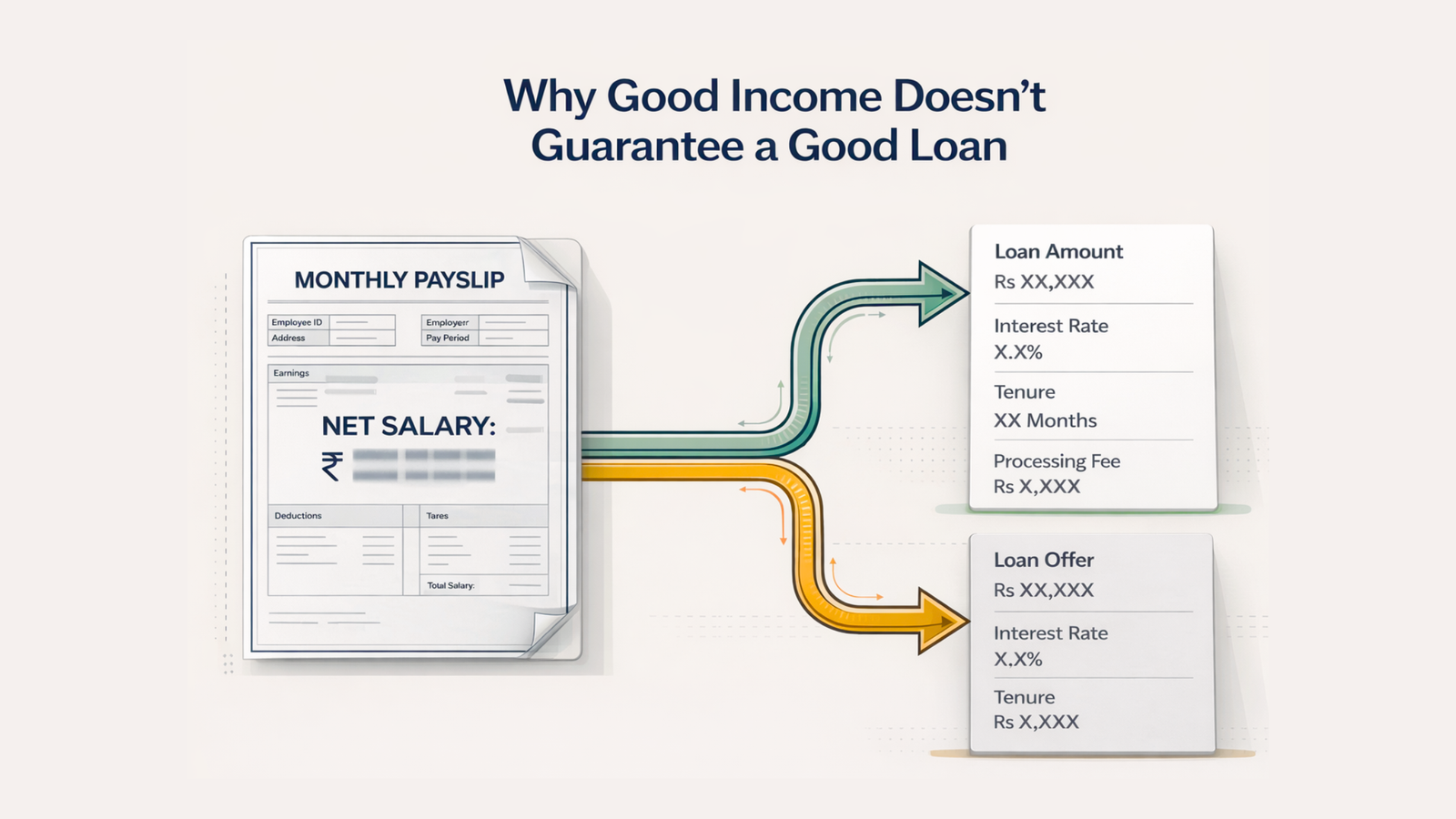 Diagram showing a monthly salary slip branching into two different personal loan offers with varying interest rates, tenure, and fees, illustrating how lenders assess risk beyond income.
