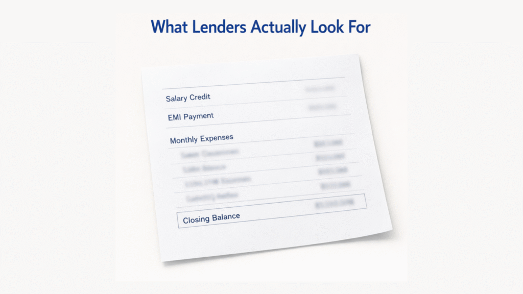 A minimal, editorial-style image of a single bank statement page lying slightly tilted on a soft off-white background. The statement displays blurred text with visible structure, including a "Salary Credit" line, an "EMI Payment" line, a cluster of "Monthly Expenses," and a boxed "Closing Balance" line. At the top, the title “What Lenders Actually Look For” appears in navy blue, sans-serif font. The scene is clean, neutral, and softly lit, with no other objects present.