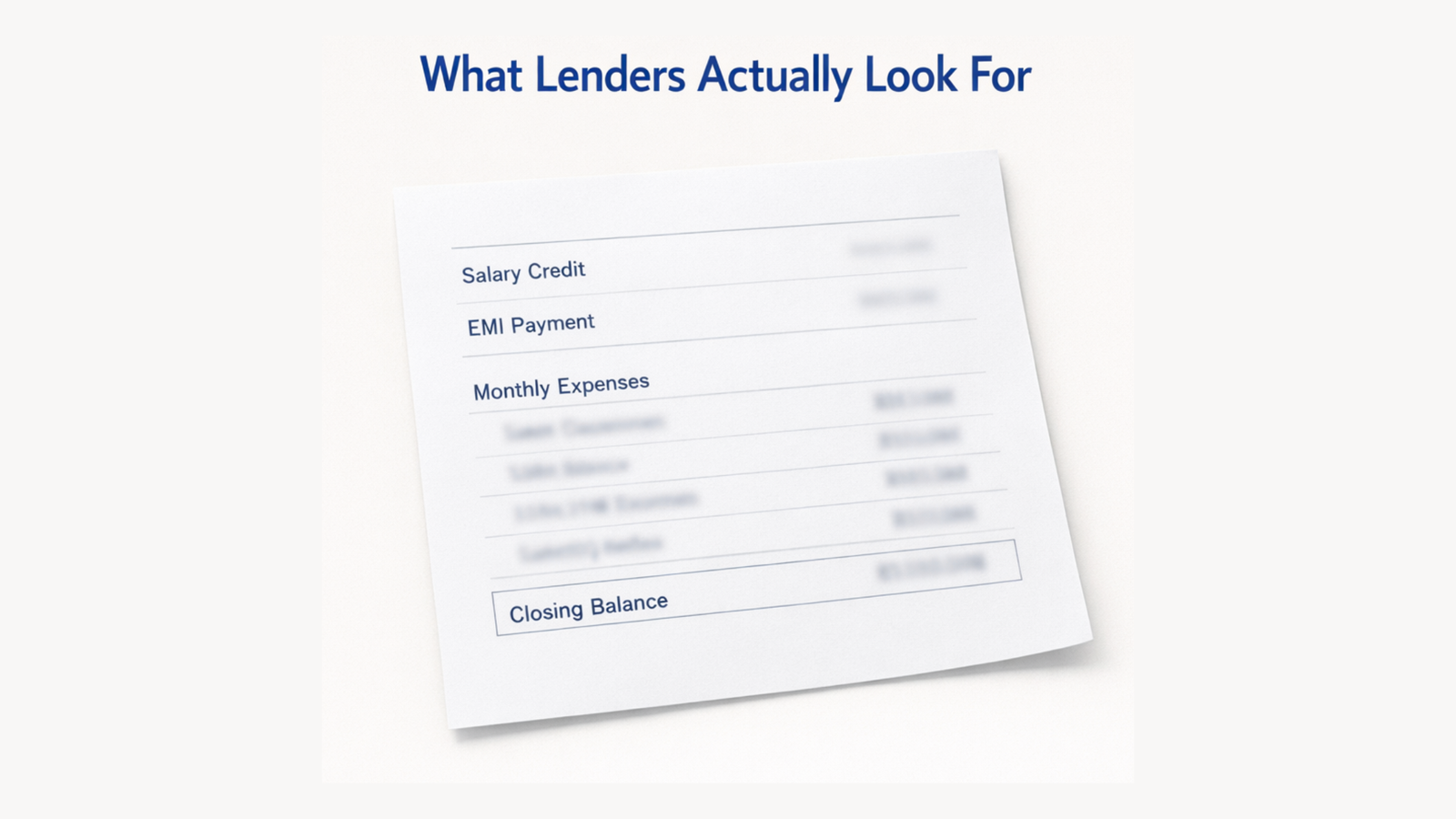 A minimal, editorial-style image of a single bank statement page lying slightly tilted on a soft off-white background. The statement displays blurred text with visible structure, including a "Salary Credit" line, an "EMI Payment" line, a cluster of "Monthly Expenses," and a boxed "Closing Balance" line. At the top, the title “What Lenders Actually Look For” appears in navy blue, sans-serif font. The scene is clean, neutral, and softly lit, with no other objects present.
