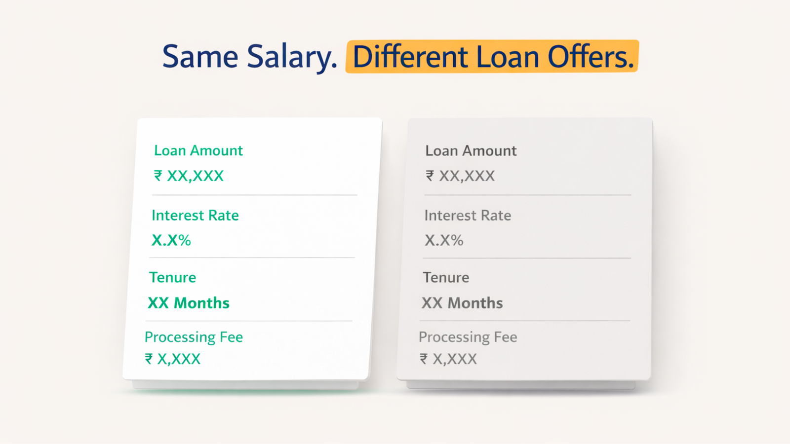 Side-by-side comparison of two personal loan offer cards with identical salary details but different loan amounts, interest rates, tenure, and processing fees, showing how borrowers with the same income can receive different loan terms.