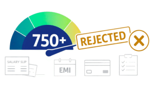 Editorial-style blog image showing a credit score gauge reading "750+" with a red "REJECTED" stamp beside it. Surrounding icons represent financial factors like a salary slip, EMI calendar, credit card, and checklist. Headline reads "Why 750+ CIBIL Still Gets Rejected" with a subtitle "Your Score Is Strong. Your Profile Matters More." Footer shows "Match My Money | Smart Loan Comparison" on a soft off-white background.