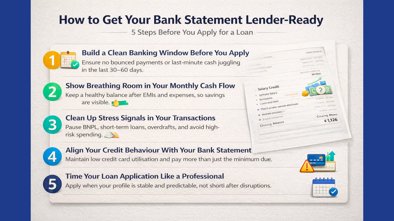 Five-step visual guide explaining how lenders evaluate bank statements for loan approval, focusing on clean banking history, cash-flow stability, credit behaviour, and application timing.