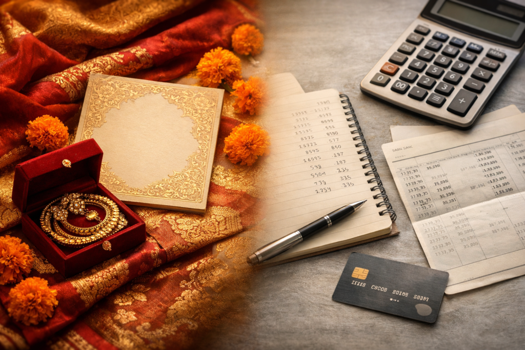 Top-down flatlay showing Indian wedding elements like invitation card, jewellery, marigold flowers, and red-gold fabric on one side, transitioning into financial items like a calculator, notebook with calculations, bank statement, and credit card, representing the cost and repayment impact of a wedding loan in India.